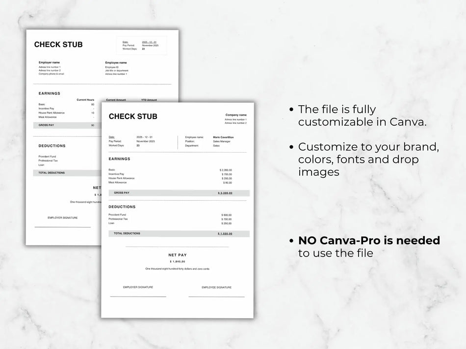 Check stub template with customization information on a marble background