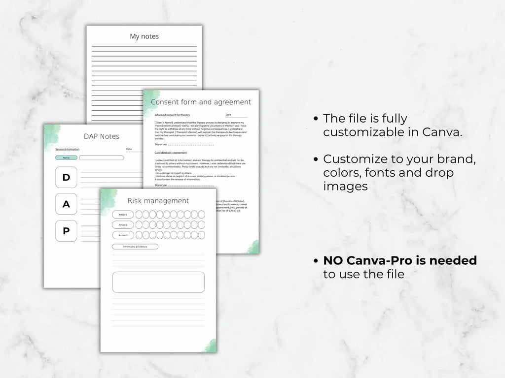Set of customizable templates on a marble surface with text about file customization.