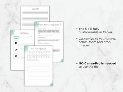 Set of customizable templates on a marble surface with text about file customization.