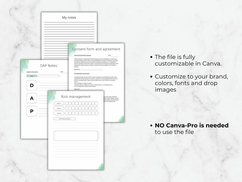 Set of customizable templates on a marble surface with text about file customization.