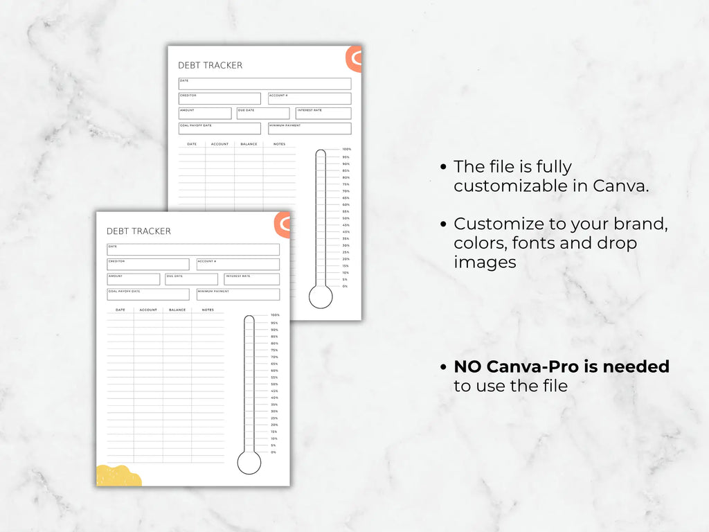Two debt tracker sheets on a marble background with text about customization options.