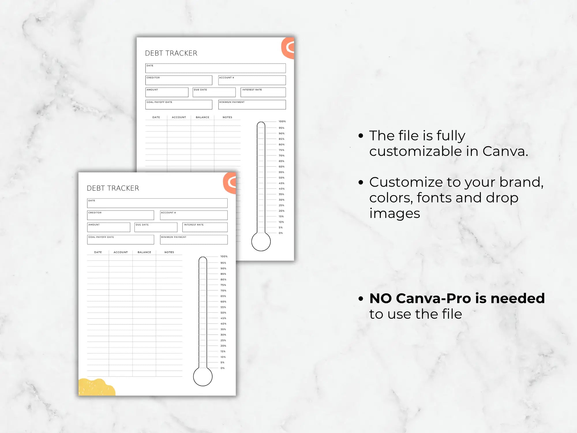 Two debt tracker sheets on a marble background with text about customization options.