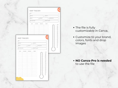 Two debt tracker sheets on a marble background with text about customization options.