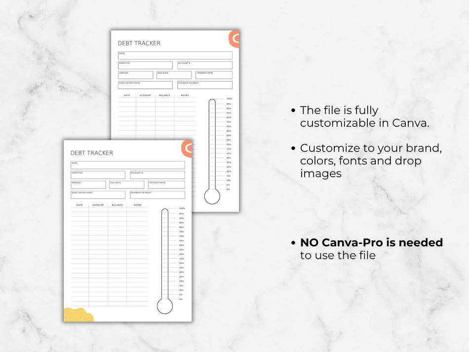 Two debt tracker sheets on a marble background with text about customization options.
