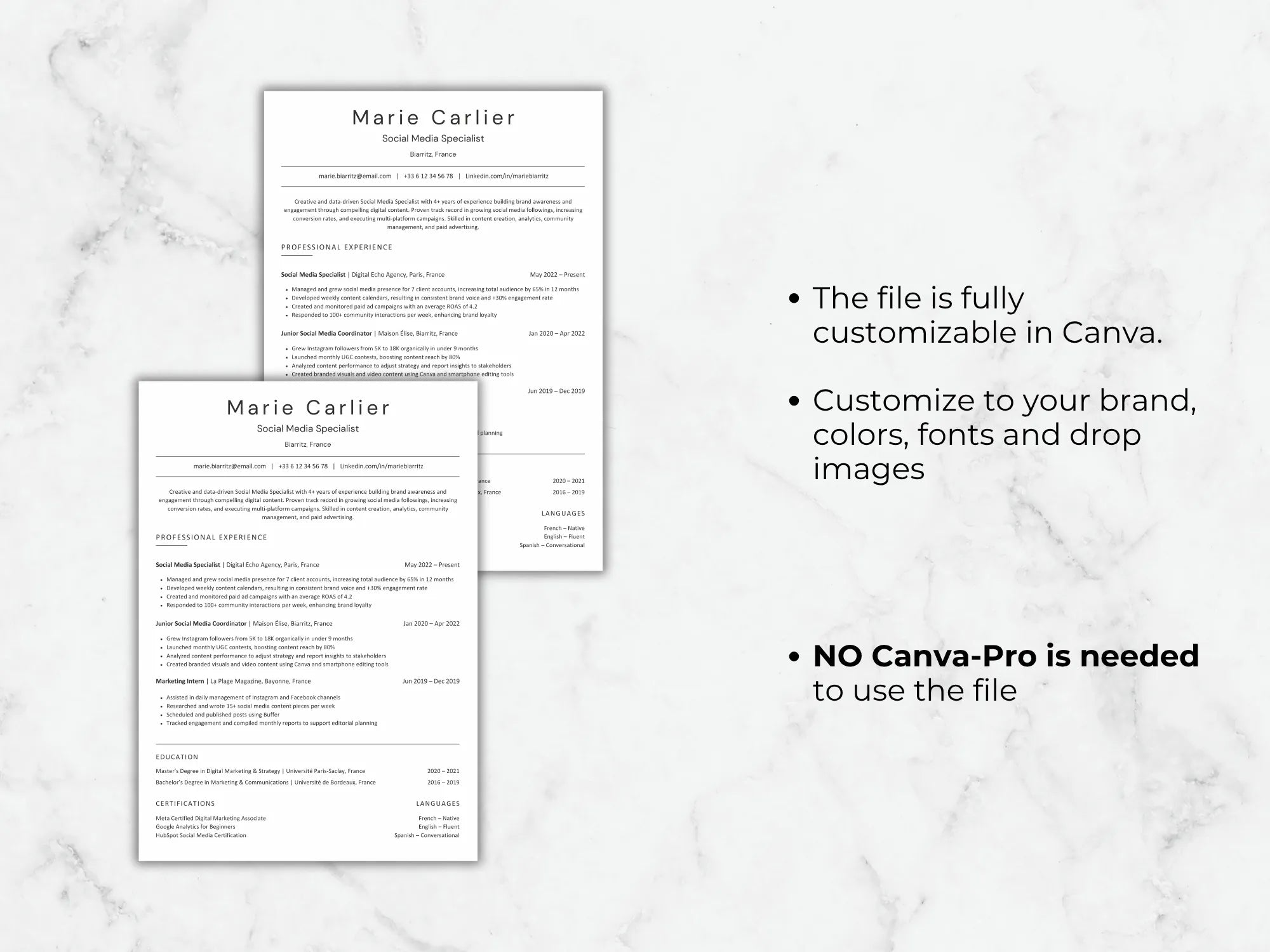 Two resumes on a marble background with text about customization options.