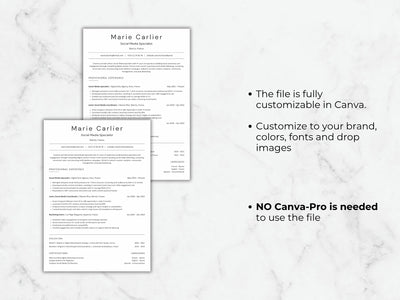 Two resumes on a marble background with text about customization options.