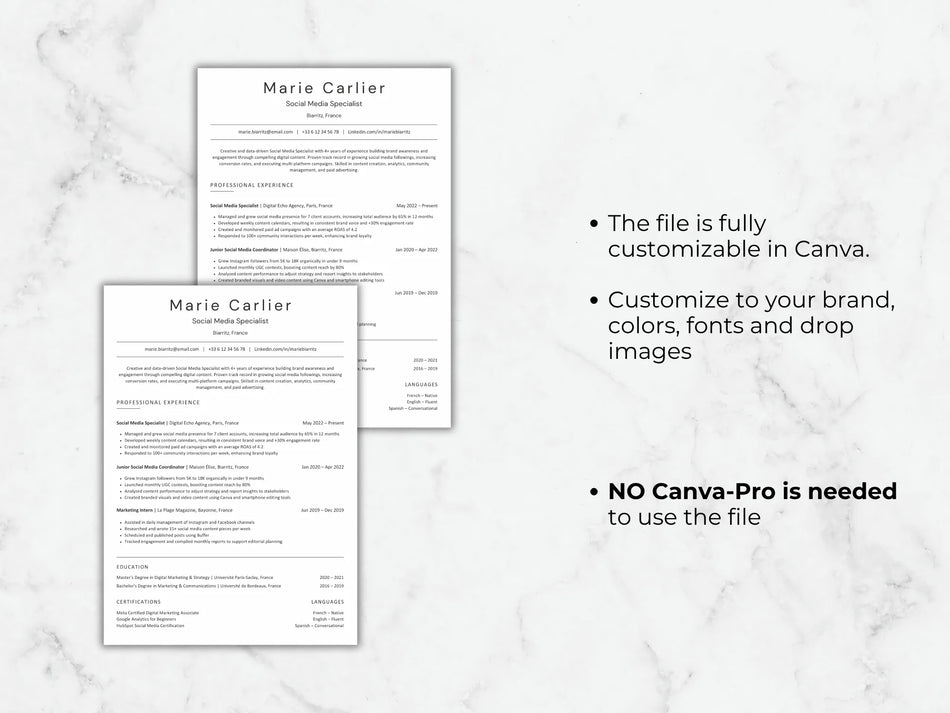 Two resumes on a marble background with text about customization options.