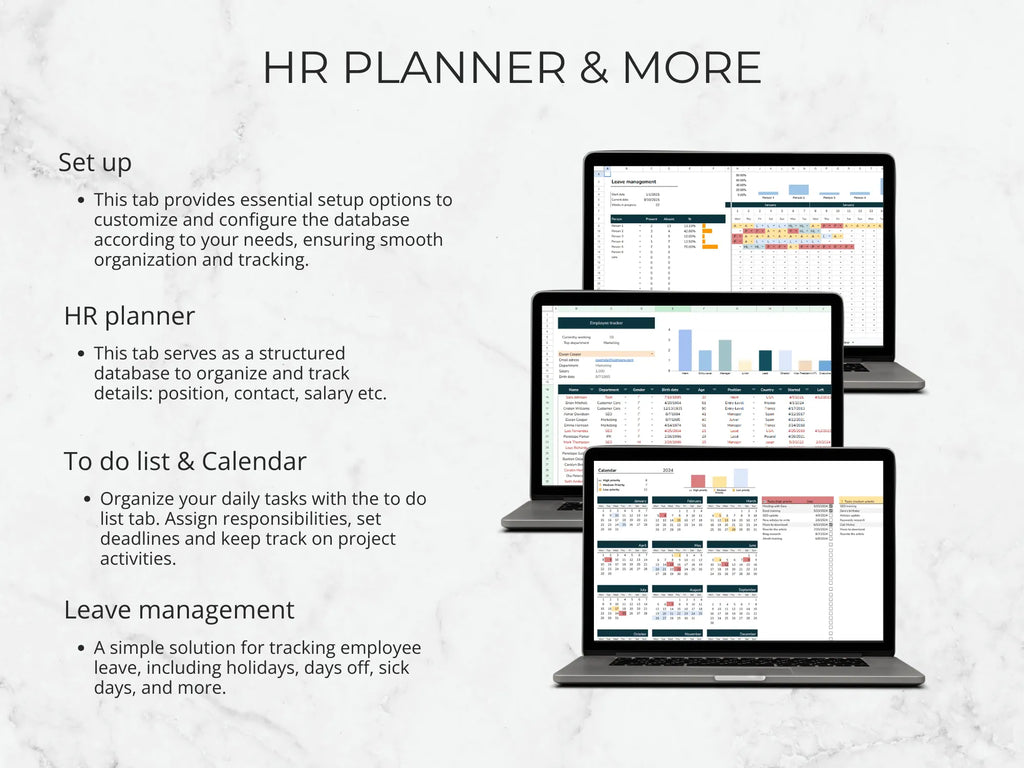 HR planner software interface on multiple devices with text explaining features.