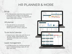 HR planner software interface on multiple devices with text explaining features.