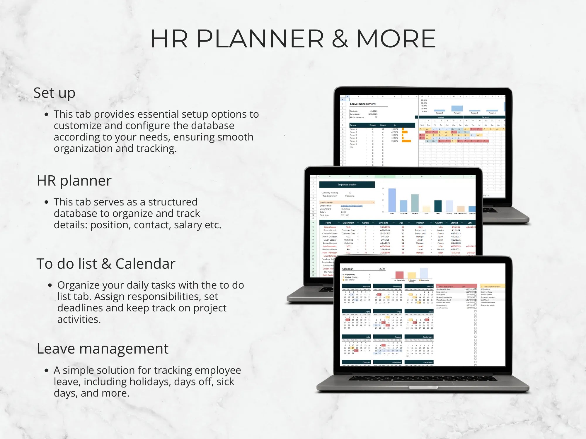 HR planner software interface on multiple devices with text explaining features.