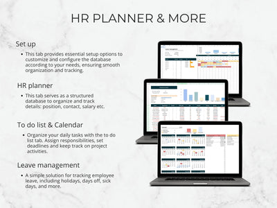 HR planner software interface on multiple devices with text explaining features.