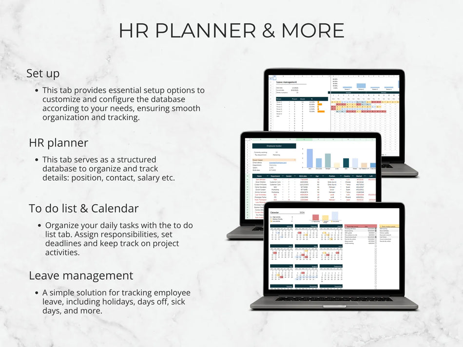 HR planner software interface on multiple devices with text explaining features.