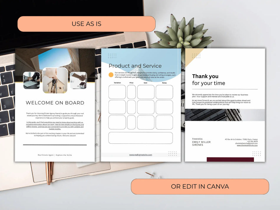 Three document pages shown on a desk next to a laptop, including a Welcome Onboarding page and a Product and Service table