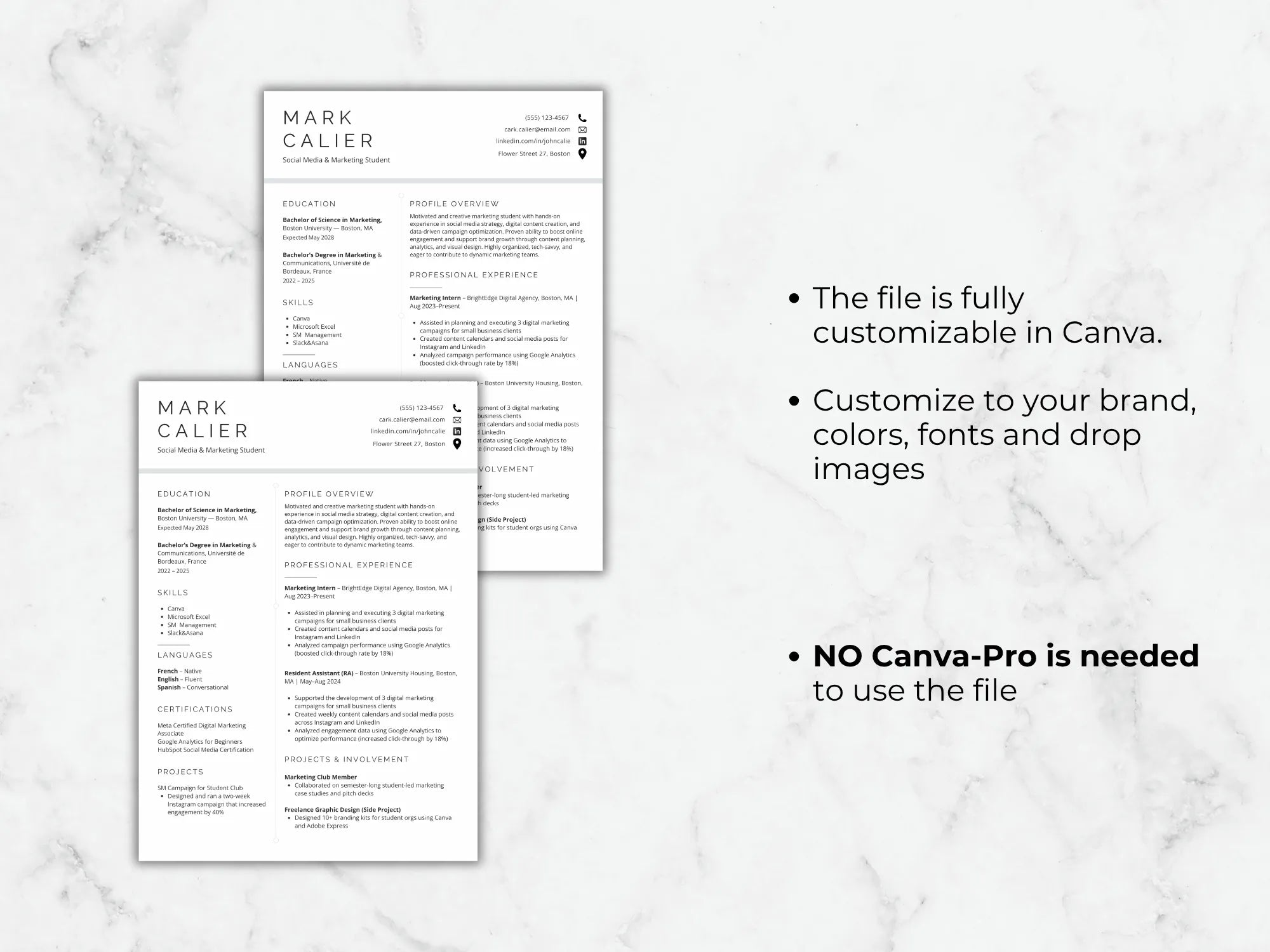 Two resume templates on a marble background with text about customization options.