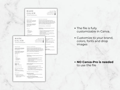 Two resume templates on a marble background with text about customization options.