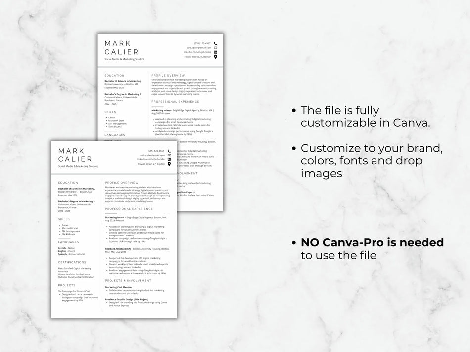 Two resume templates on a marble background with text about customization options.