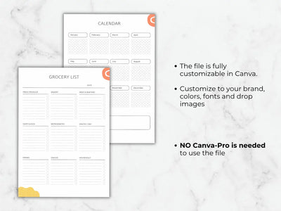 Two planner sheets on a marble surface with text about customization options.