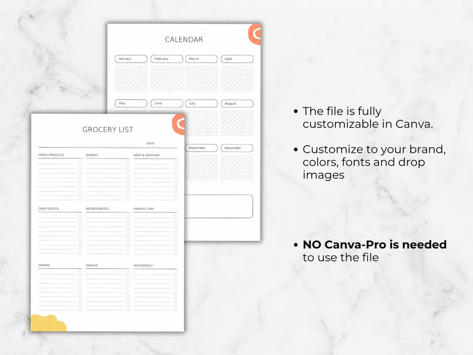 Two planner sheets on a marble surface with text about customization options.