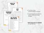 Customizable party game printable templates displayed on a white marble background, with text highlighting customization options in Canva.