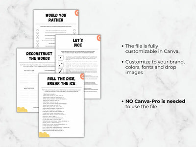 Customizable party game printable templates displayed on a white marble background, with text highlighting customization options in Canva.