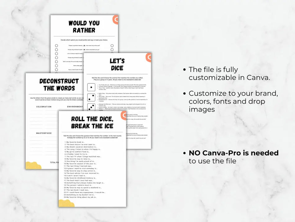Customizable party game printable templates displayed on a white marble background, with text highlighting customization options in Canva.