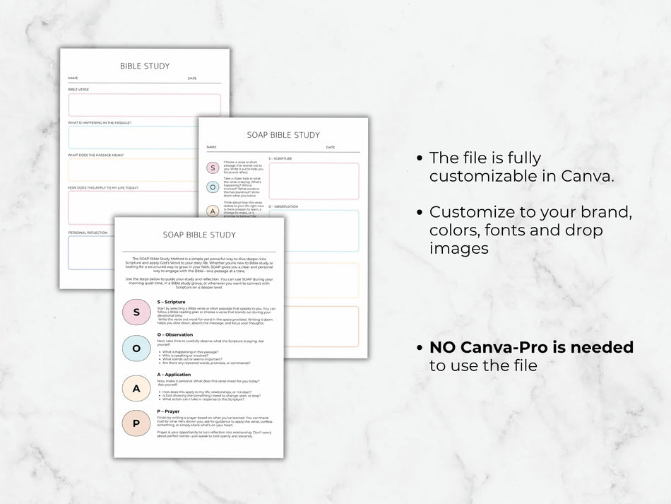 SOAP Bible Study templates on a marble background with customization information.