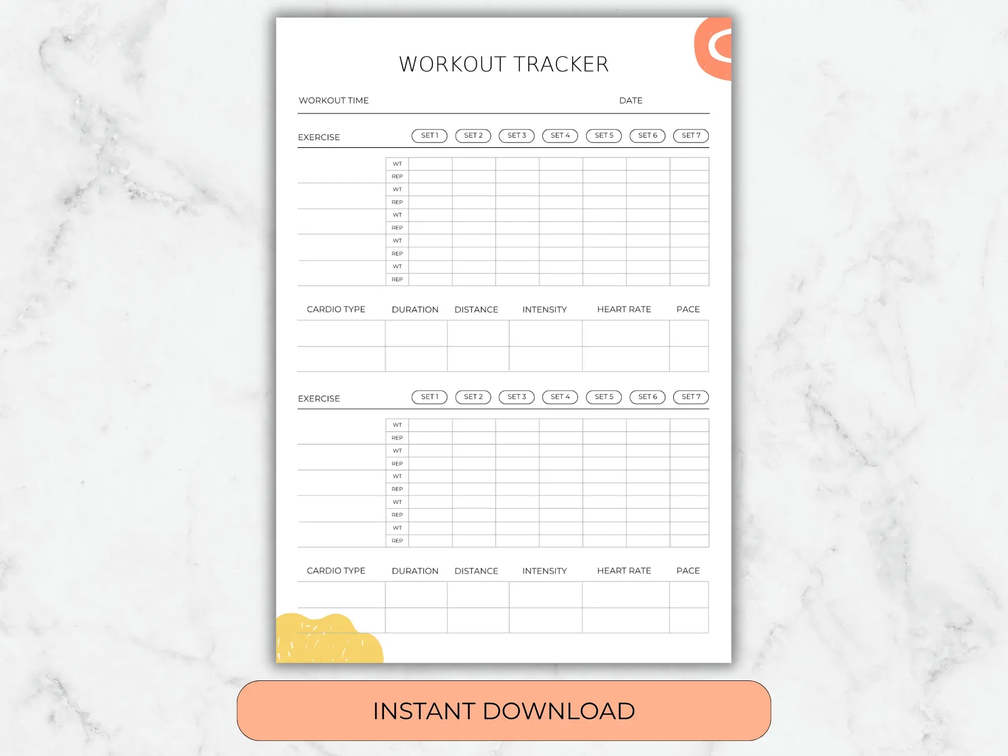 A close-up view of the workout tracker template featuring specific columns for exercise names, sets, weights, and cardio intensity