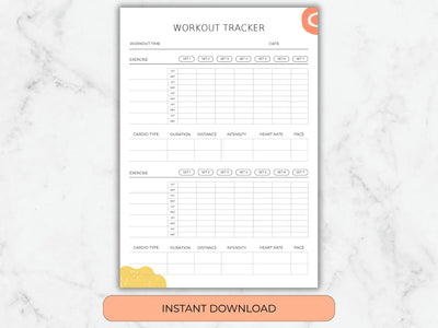 A close-up view of the workout tracker template featuring specific columns for exercise names, sets, weights, and cardio intensity