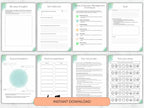A collection of printable journal pages including trackers for daily thoughts, self-reflection, anxiety management, goal setting, and mood-based emojis.