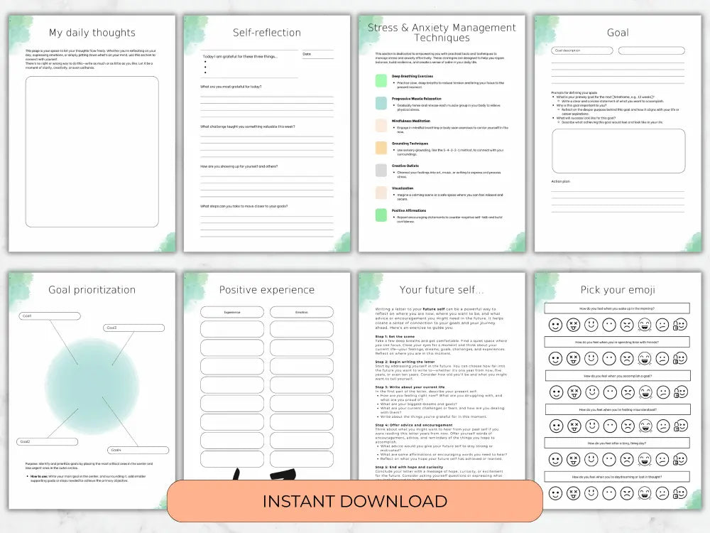 A collection of printable journal pages including trackers for daily thoughts, self-reflection, anxiety management, goal setting, and mood-based emojis.