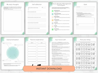 A collection of printable journal pages including trackers for daily thoughts, self-reflection, anxiety management, goal setting, and mood-based emojis.