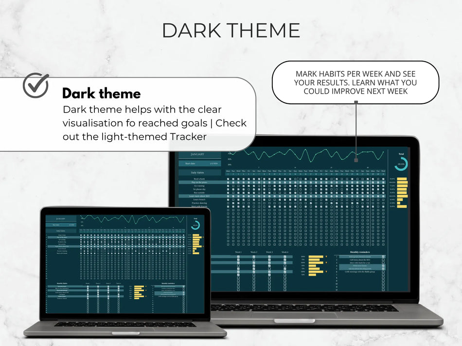 Two laptops displaying a dark-themed productivity tracker with text on a light gray background.