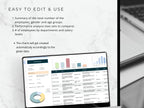 An image highlighting the template's ease of use, featuring an overview of employee data tracking, performance analysis charts