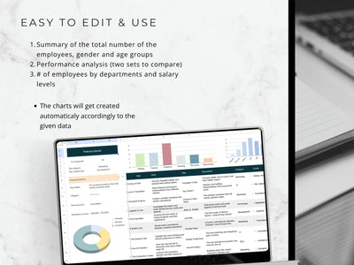 An image highlighting the template's ease of use, featuring an overview of employee data tracking, performance analysis charts