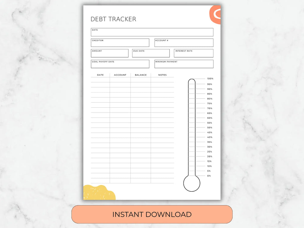 A full-page view of the debt tracker on a marble background, showing fields for creditor, interest rate, and a vertical payoff progress thermometer