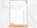 A full-page view of the debt tracker on a marble background, showing fields for creditor, interest rate, and a vertical payoff progress thermometer