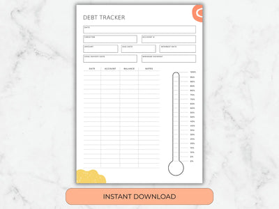 A full-page view of the debt tracker on a marble background, showing fields for creditor, interest rate, and a vertical payoff progress thermometer