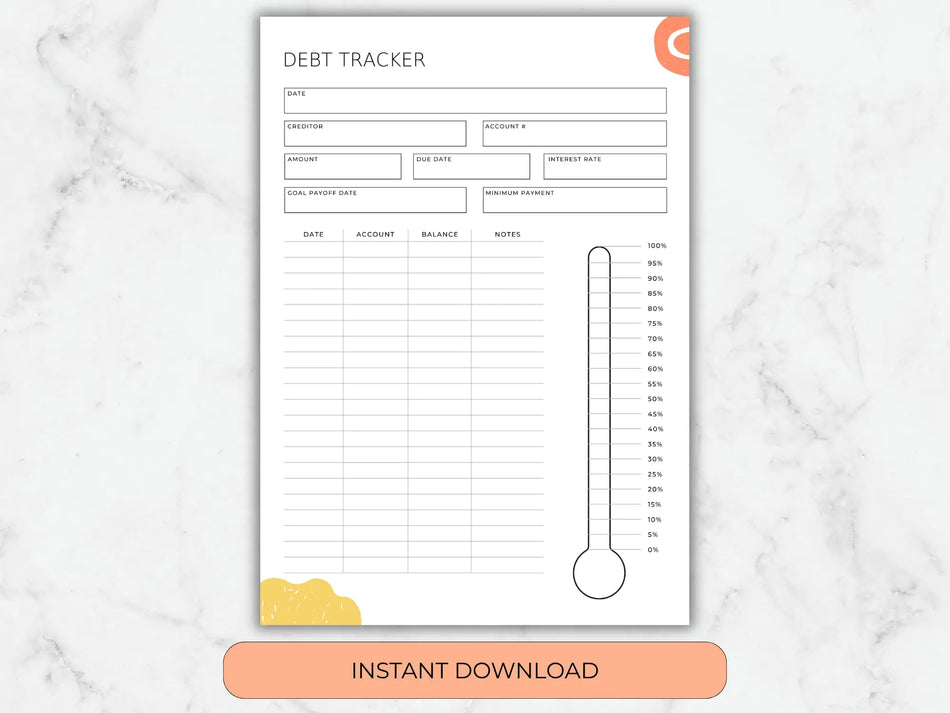 A full-page view of the debt tracker on a marble background, showing fields for creditor, interest rate, and a vertical payoff progress thermometer