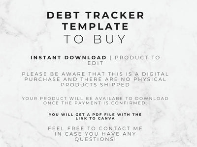 Text on a marble background about a debt tracker template for digital download.