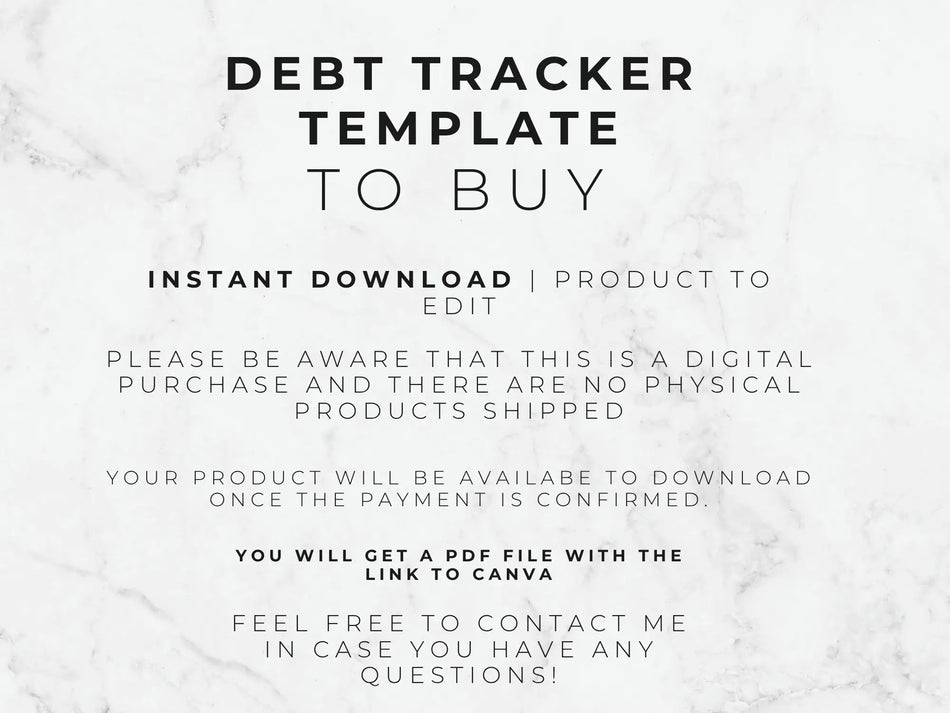 Text on a marble background about a debt tracker template for digital download.