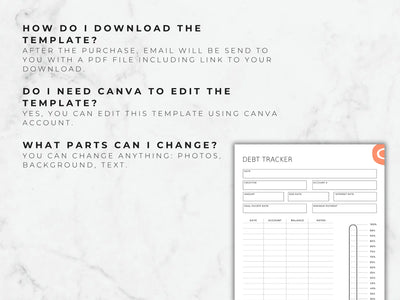 Debt tracker template with Canva logo on a marble background