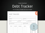 A professional hero banner for a debt tracker template, featuring a clean layout for A4 and US Letter sizes with an "Instant Download" label.
