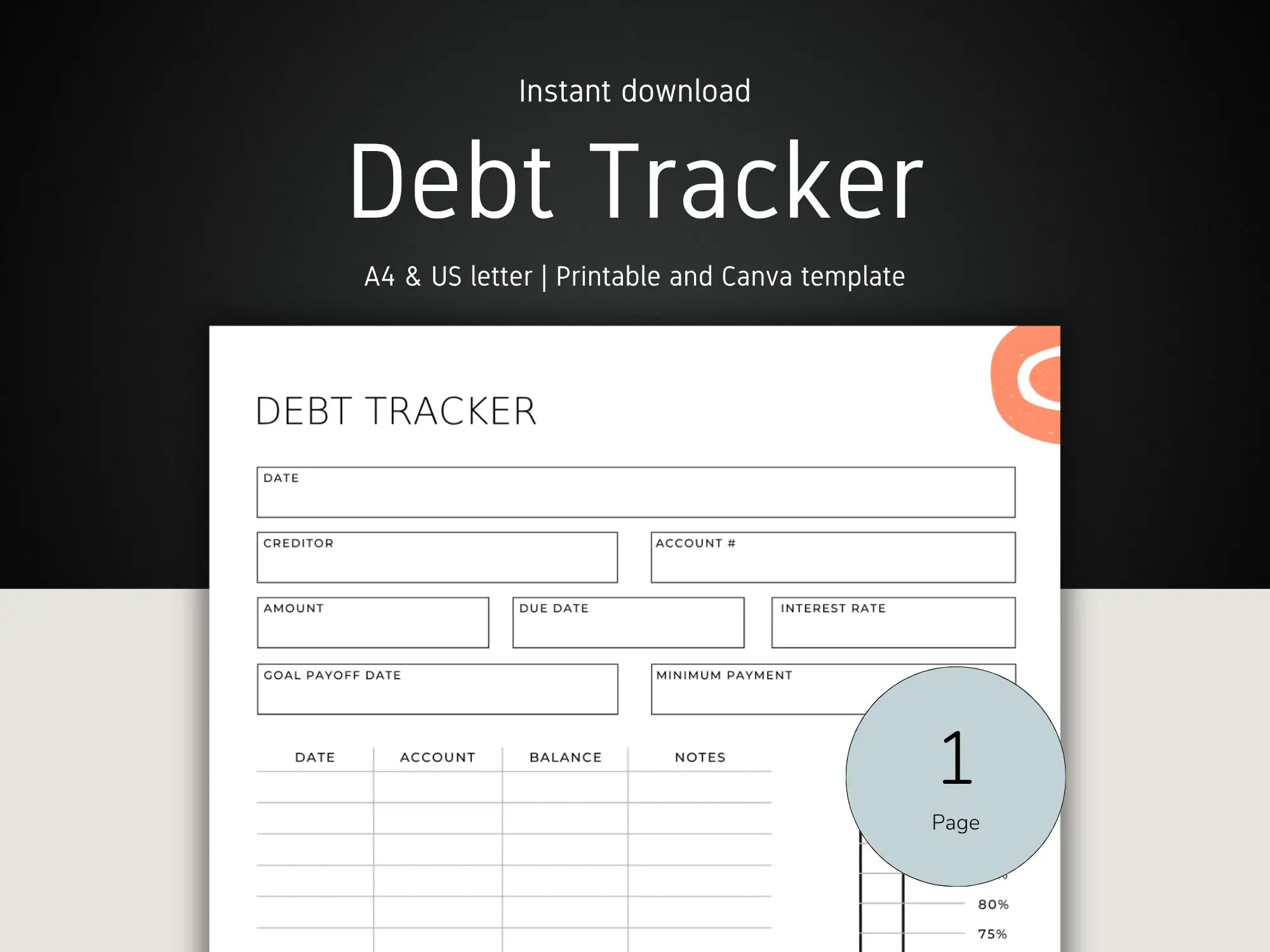 A professional hero banner for a debt tracker template, featuring a clean layout for A4 and US Letter sizes with an "Instant Download" label.