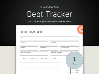 A professional hero banner for a debt tracker template, featuring a clean layout for A4 and US Letter sizes with an 