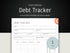 A professional hero banner for a debt tracker template, featuring a clean layout for A4 and US Letter sizes with an "Instant Download" label.