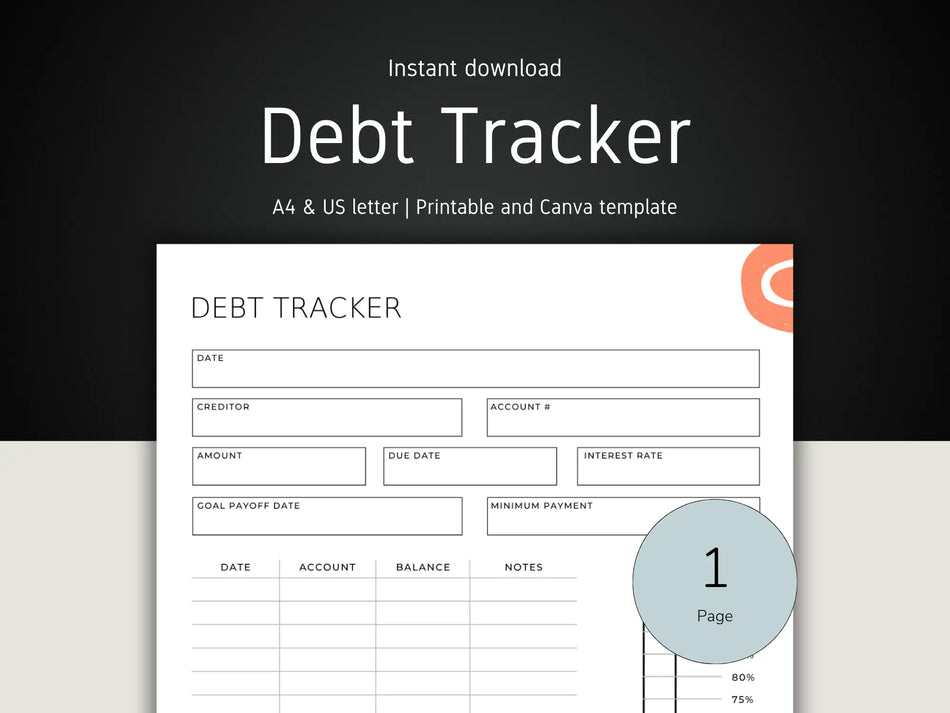 A professional hero banner for a debt tracker template, featuring a clean layout for A4 and US Letter sizes with an 