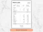 Profit and loss statement template on a marble background with an 'Instant Download' button.