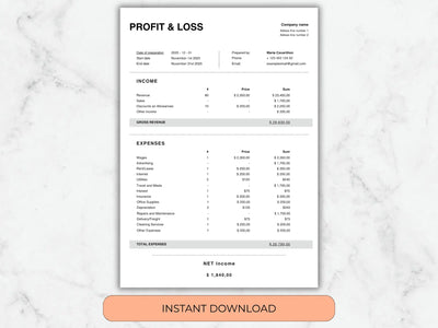 Profit and loss statement template on a marble background with an 'Instant Download' button.