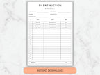 Silent auction bid sheet on a marble background with 'Instant Download' text.