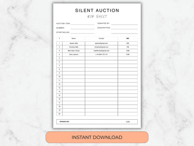 Silent auction bid sheet on a marble background with 'Instant Download' text.